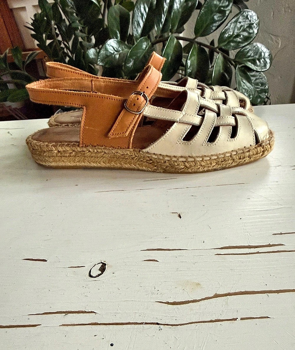 Naguisa Huarache T-Strap Espadrille Sandal Cream & Brown